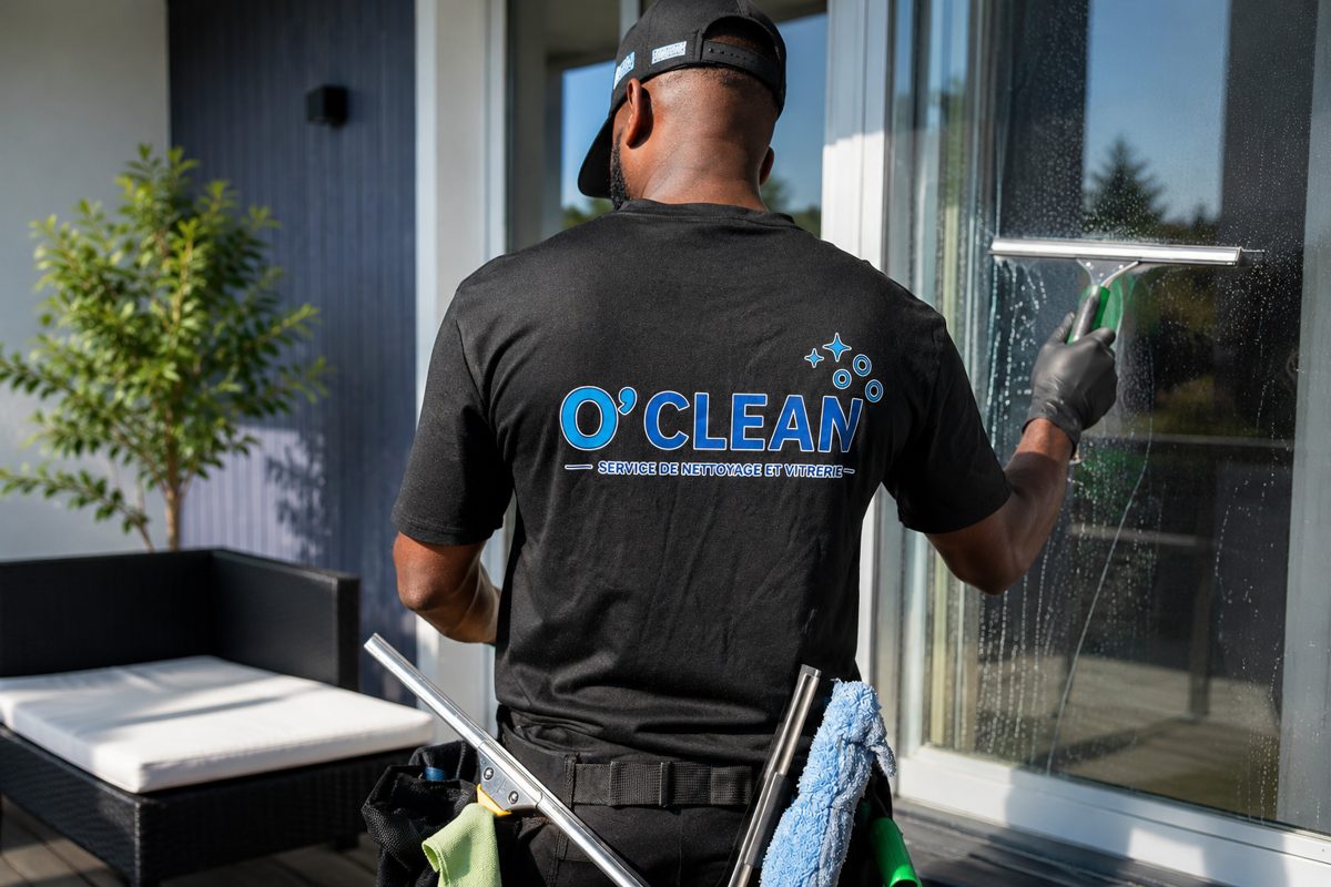Technicien O'Clean 62 en train de nettoyer une baie vitrée